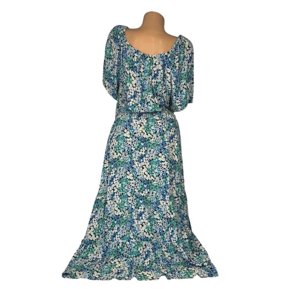 Loft Women's Blue Green Floral Maxi Dress Square Neck Puff Sleeve Size XL
